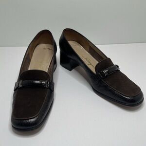 Salvatore Ferragamo Brown Croc Embossed Leather Suede Loafers Size 6